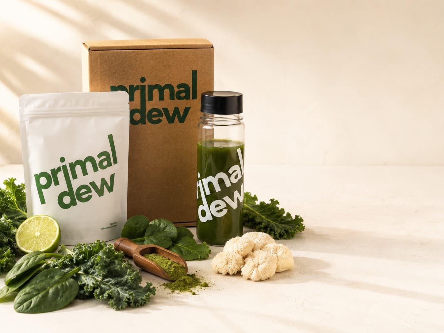 Primaldew Original pouch with box, green drink, and fresh ingredients — kale, spinach, lime, lion's mane mushroom