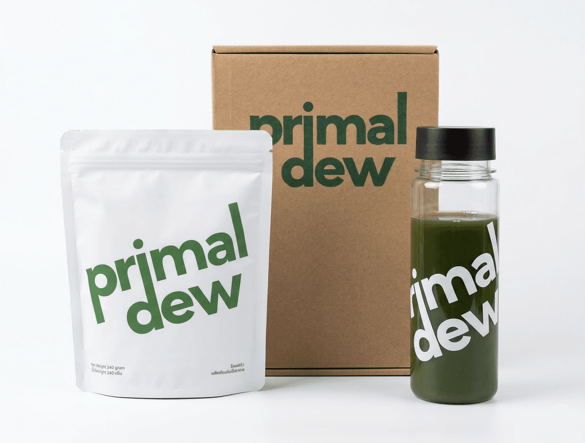 Primaldew Original pouch with box and mixed drink — a complete daily super greens supplement